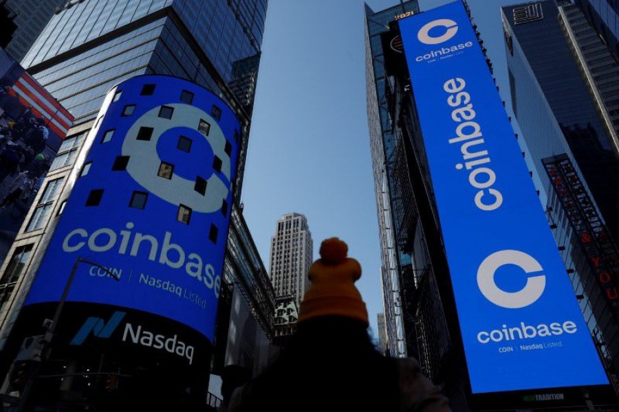 The logo for Coinbase Global Inc, the biggest US cryptocurrency exchange, is displayed on the Nasdaq MarketSite jumbotron and others at Times Square in New York, US on April 14, 2021 — Reuters/Files