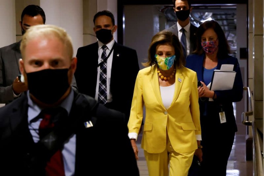 US House Speaker Nancy Pelosi (D-CA) departs after a closed-door House Democratic caucus meeting amidst ongoing negotiations over budget and infrastructure legislation at the US Capitol in Washington, DC, US on August 24, 2021