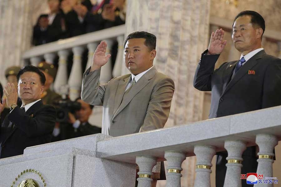 North Korean leader Kim Jong Un, centre, waving from a balcony toward the assembled troops and spectators during a celebration of the nation’s 73rd anniversary at Kim Il Sung Square in Pyongyang of North Korea on Thursday –AP Photo