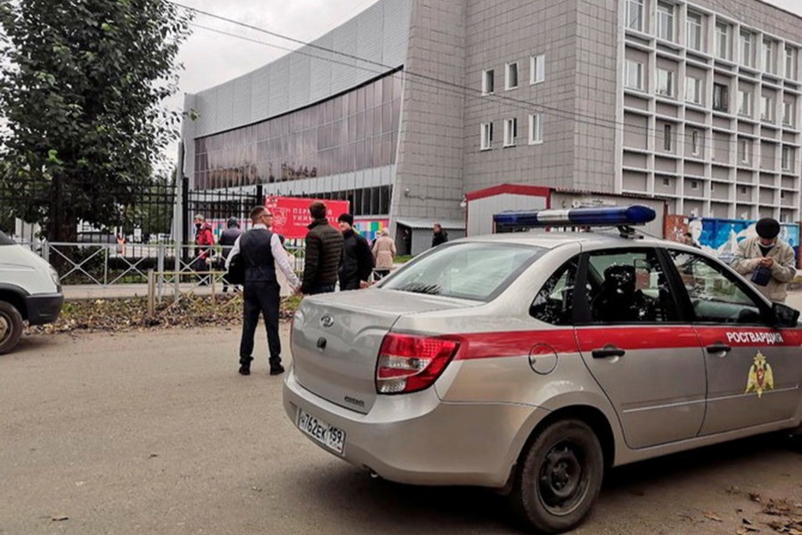 A car of Russia’s National Guard at the scene after a gunman opened fire at the Perm State University in Perm, Russia on September 20, 2021 — Reuters photo