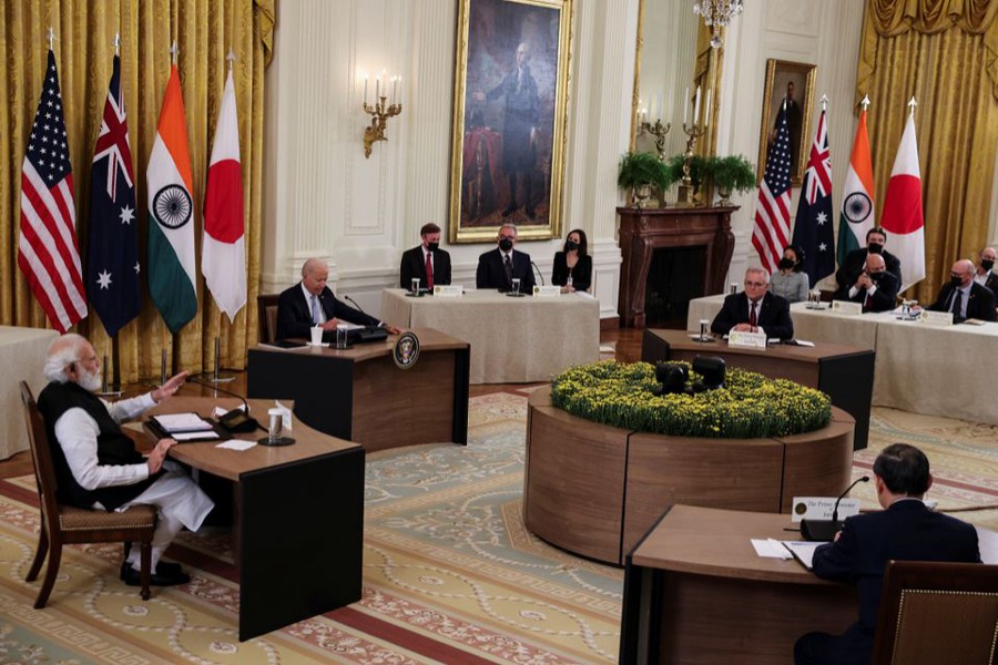 India's Prime Minister Narendra Modi speaks during a 'Quad nations' meeting at the Leaders' Summit of the Quadrilateral Framework hosted by US President Joe Biden with Australia's Prime Minister Scott Morrison and Japan's Prime Minister Yoshihide Suga in the East Room at the White House in Washington, US, September 24, 2021 — Reuters/Evelyn Hockstein