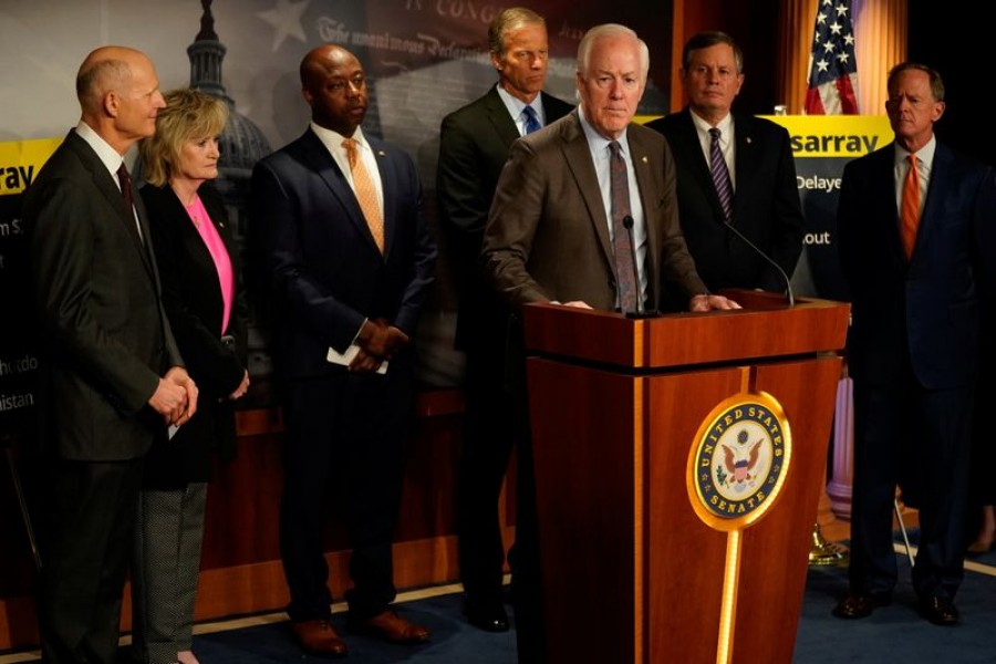 US Senator John Cornyn (R-TX) speaks as Senators Rick Scott (R-FL), Cindy Hyde-Smith (R-MS), Tim Scott (R-SC), John Thune (R-SD), Steve Daines (R-MT) and Pat Toomey (R-PA) listen during a news conference criticising Democrats at the US Capitol in Washington, US on September 29, 2021 — Reuters photo