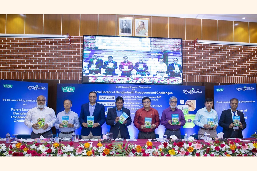 - Agriculture Minister Dr Mohammad Abdur Razzaque and the guests hold the copies of a book entitled 'Farm Sector of Bangladesh: Prospects and Challenge' at its launching ceremony at the BARC conference room at Farmgate in the city on Wednesday