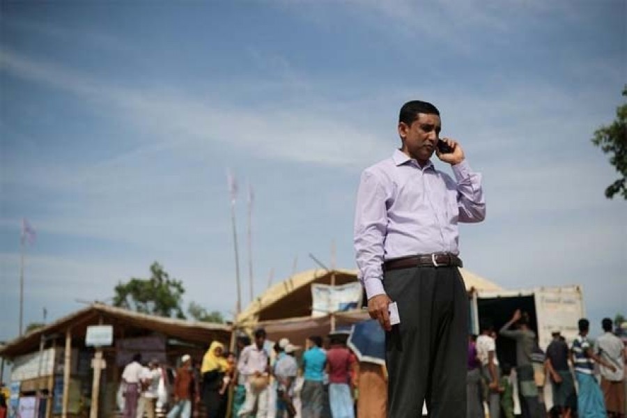 Mohib Ullah, a leader of Arakan Rohingya Society for Peace and Human Rights, talks on the phone in Kutupalong camp in Cox's Bazar, Bangladesh April 7, 2019 -- Reuters/Files