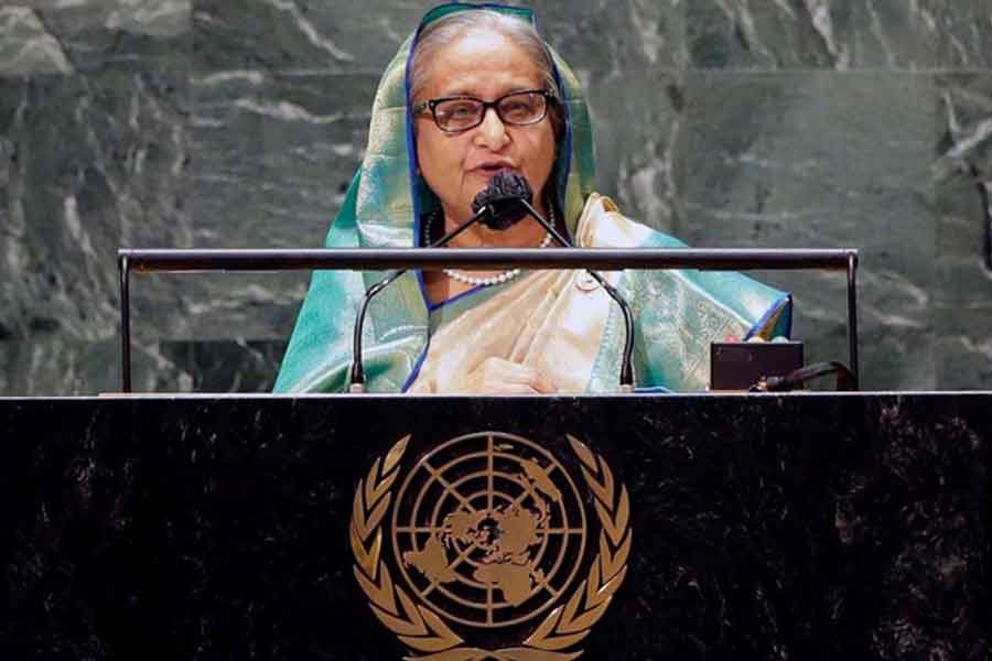 Prime Minister Sheikh Hasina addressing the 76th UN General Assembly at the United Nations Headquarters in New York on September 24 –Reuters file photo