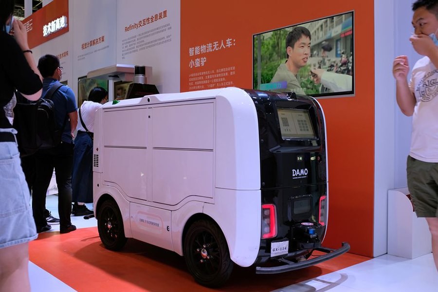 An autonomous delivery vehicle by Damo is displayed at the World Artificial Intelligence Conference (WAIC) in Shanghai, China July 8, 2021 – Reuters/Yilei Sun