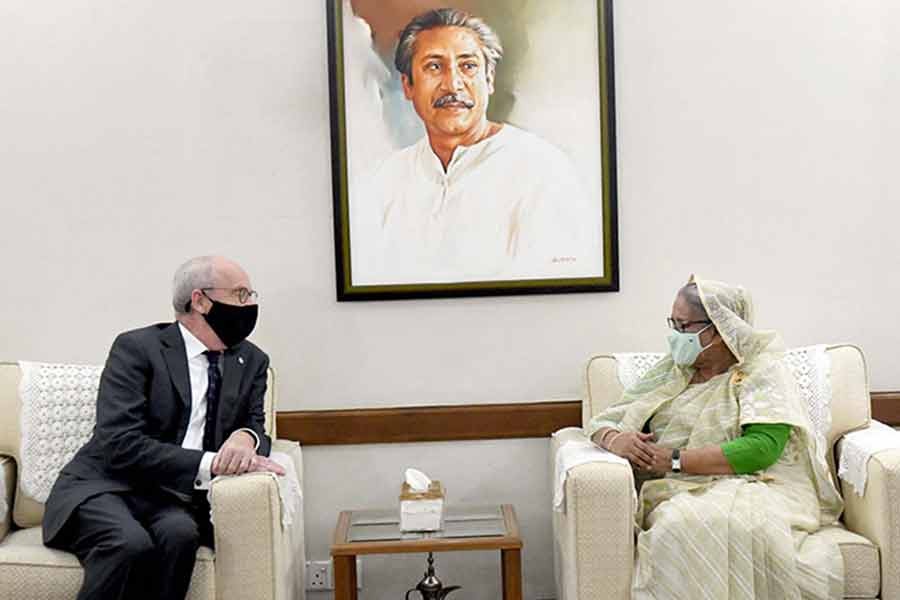 Newly-appointed Ambassador of the Netherlands to Bangladesh Anne Gerard Van Leeuwen paying a courtesy call on Prime Minister Sheikh Hasina her at Ganabhaban in Dhaka on Sunday –PID Photo