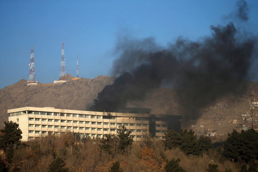 Smoke rises from the Intercontinental Hotel during an attack in Kabul, Afghanistan on January 21, 2018 — Reuters/Files