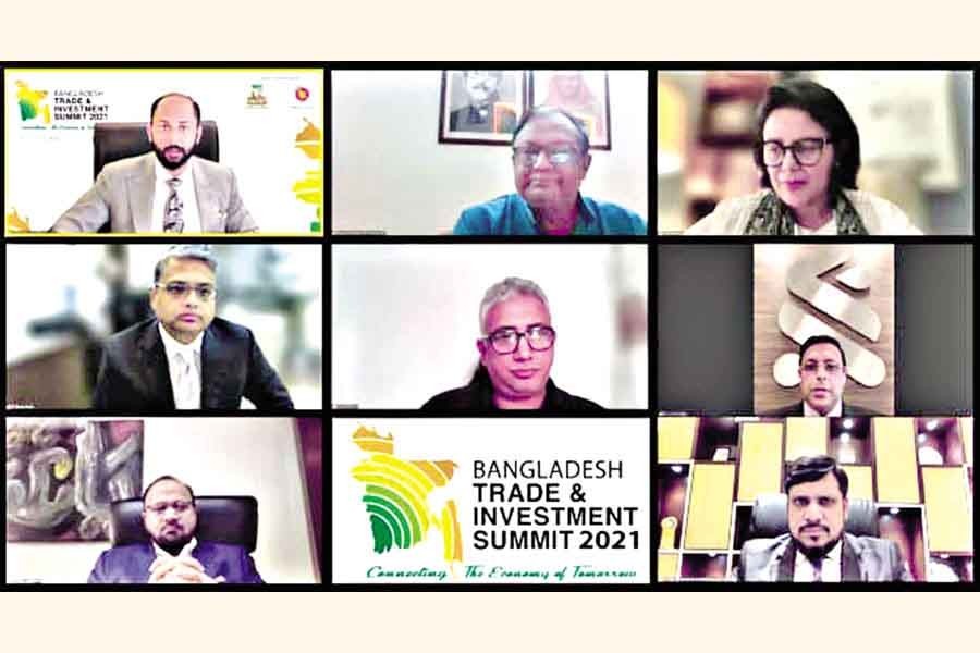 (Top, from left) DCCI President Rizwan Rahman, Commerce Minister Tipu Munshi, former BGMEA president Rubana Huq and other distinguished persons take part in a webinar titled 'Economic Tie of Bangladesh and Europe: New Regulatory Regime' held on Wednesday as part of the ongoing week-long Bangladesh Trade and Investment Summit 2021