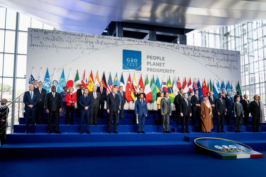 US President Joe Biden and other leaders stand for a family photo at the G20 summit at the La Nuvola in Rome, Italy October 30, 2021. Erin Schaff/Pool via REUTERS