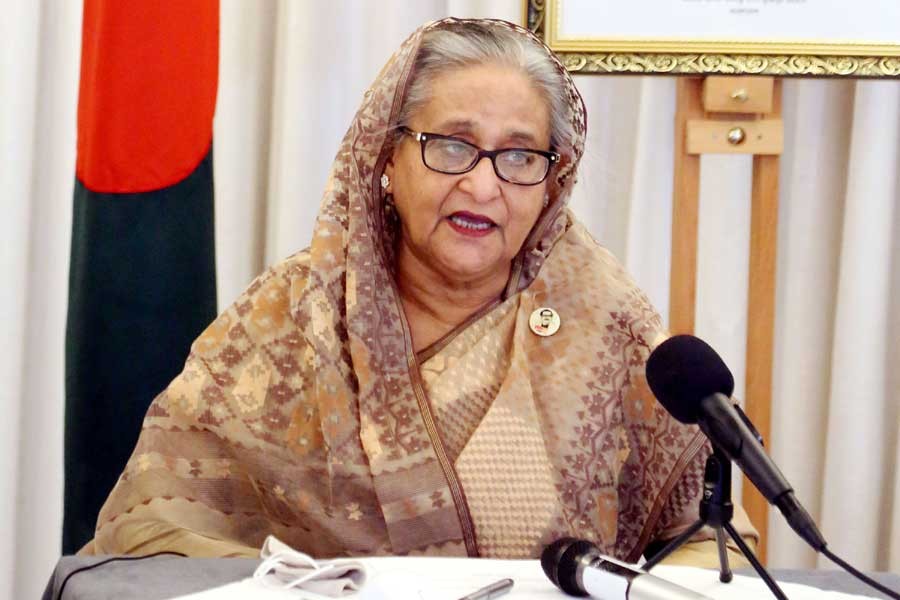 Prime Minister Sheikh Hasina addressing the inaugural function of the extended chancery premise of Bangladesh High Commission (BHC) in London on Sunday from her place of residence during her visit to the United Kingdom –PID Photo