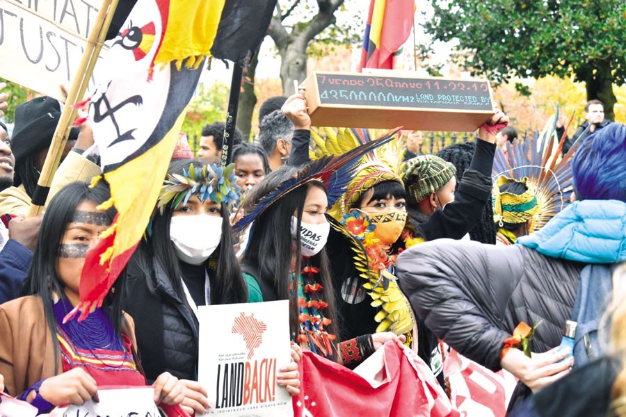 -- Young Indigenous land rights activists take part in a climate strike on Friday, Nov. 5, 2021 in Glasgow during COP26 	—Photo National Observer