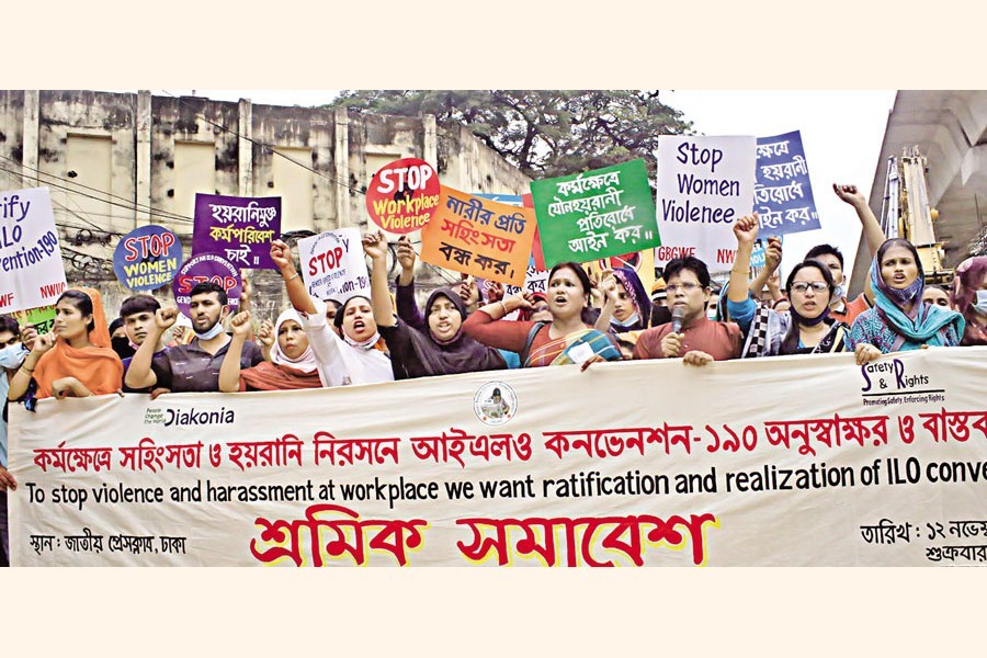 Garment workers under the banner of Green Bangla Garments Workers Federation (GBGWF) stage demonstrations in front of the National Press Club in the city on Friday, demanding ratification and implementation of the ILO Convention-190 aiming to end violence against women at the workplace — Focus Bangla