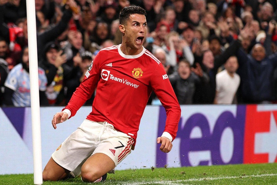 Ronaldo celebrating a late equalizer against Atalanta.