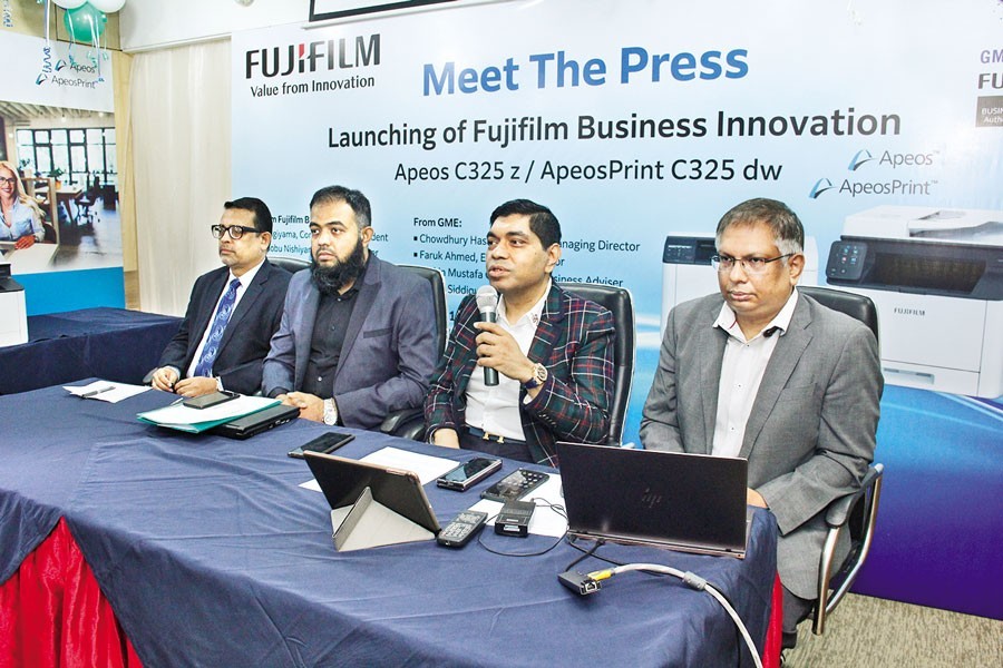 (From left) GME Group Business Adviser Taskin Mustafa Choudhury, GME Group Deputy General Manager (DGM) Akmal Siddique, GME Group Managing Director Dr Chowdhury Hasan Mahmud, and GME Ltd Executive Director Faruk Ahmed at a press conference in the city on Thursday