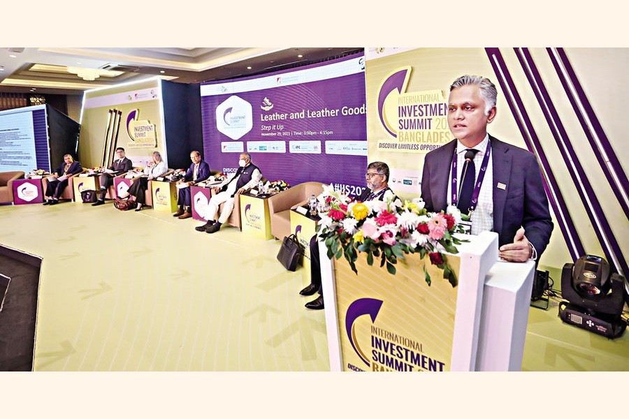 - Managing Director of Apex Footwear Ltd Syed Nasim Manzur speaks at a session on 'Step up: Leather, Footwear & Leather Goods from Bangladesh' of the International Investment Summit held on Monday