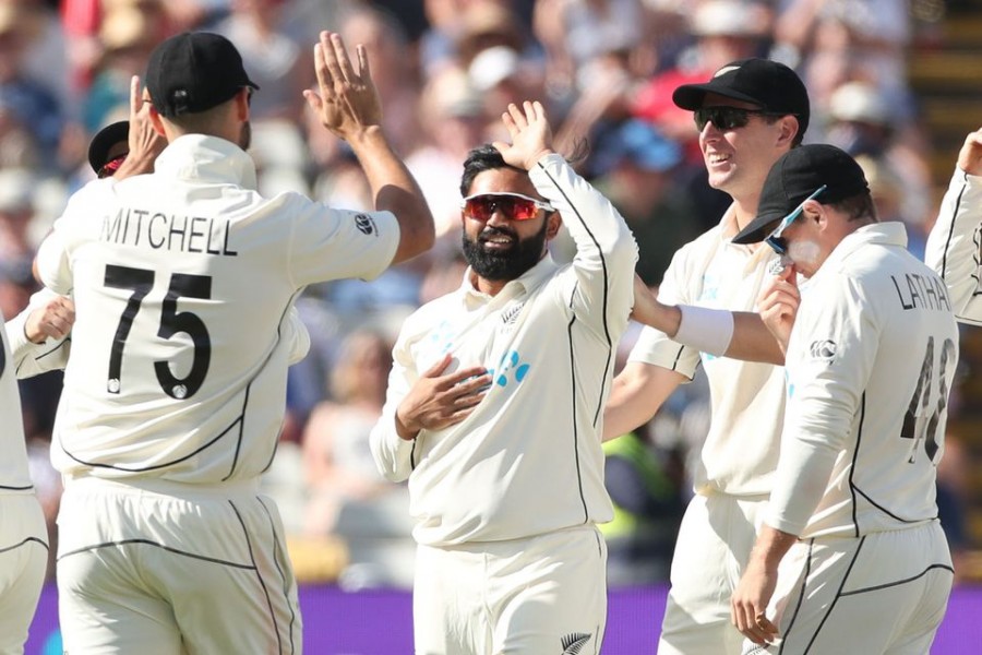 Cricket - Second Test - England v New Zealand - Edgbaston Stadium, Birmingham, Britain - June 12, 2021 New Zealand's Ajaz Patel celebrates after taking the wicket of England's James Bracey Action Images via Reuters/Peter Cziborra/File Photo