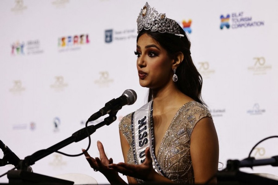 Miss Universe Harnaaz Sandhu of India speaks at a news conference after winning the Miss Universe pageant, in the Red Sea resort of Eilat, Israel Dec 13, 2021. REUTERS