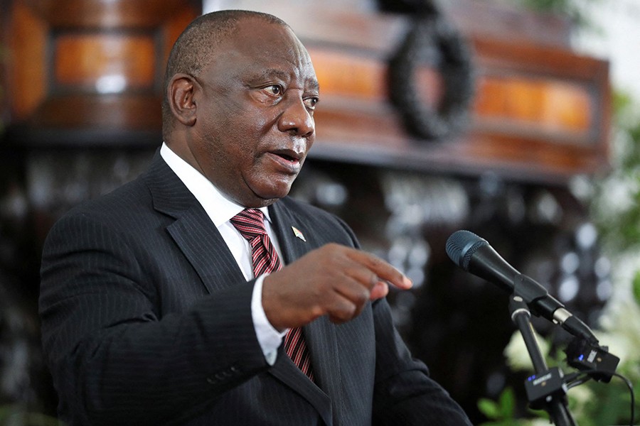 South African President Cyril Ramaphosa addresses mourners at the state memorial service for former President FW de Klerk in Cape Town, South Africa on December 12, 2021 — Reuters photo