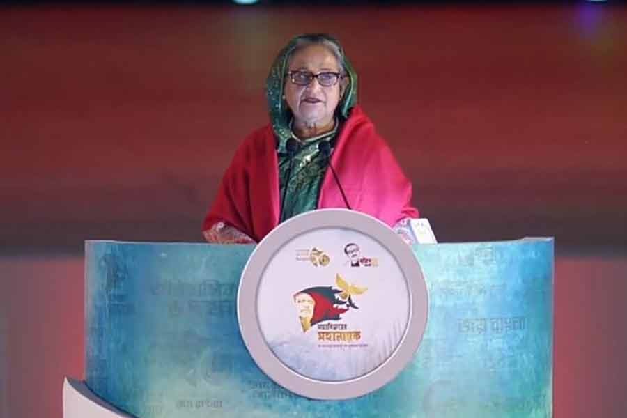 Prime Minister Sheikh Hasina addressing a programme marking celebration of the Mujib Borsho, coinciding with the 50 years of victory of the Liberation War. -BSS Photo