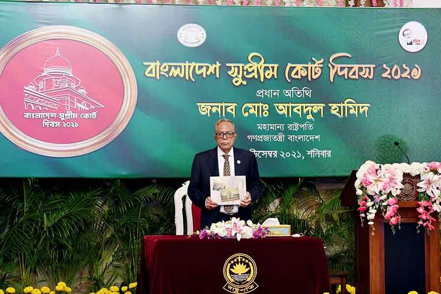 President Md Abdul Hamid addressing a discussion virtually from the Bangabhaban on Supreme Court Day on Saturday –PID photo