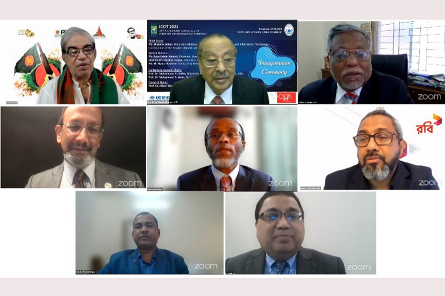 Posts, Telecommunications and Information Technology Minister Mr Mustafa Jabbar (first from left, top row) was present as the chief guest at the virtual inauguration ceremony of 24th International Conference on Computer and Information Technology (ICCIT) 2021