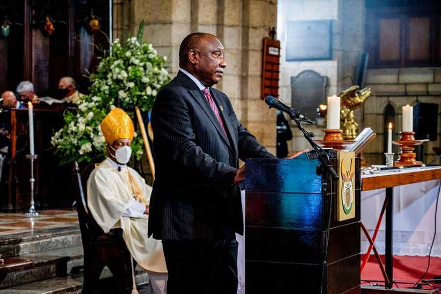 South African President Cyril Ramaphosa addressing the state funeral of late Archbishop Desmond Tutu at St George's Cathedral in Cape Town of South Africa on Saturday -Reuters photo