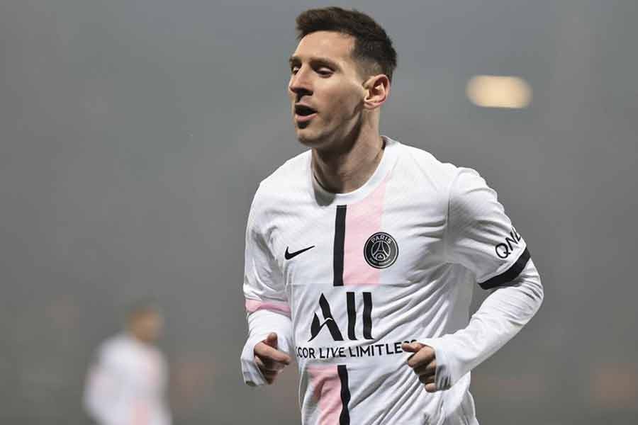 Lionel Messi during the French League One soccer match between FC Lorient and Paris Saint-Germain at the Moustoir stadium in Lorient of western France on December 22 in 2021 -AP Photo