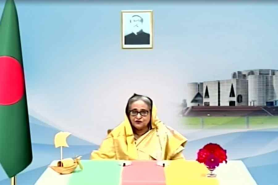 Prime Minister Sheikh Hasina delivers her speech on Friday to mark the completion of the Awami League government's third year in office in the present term. The photo was collected from a video footage.