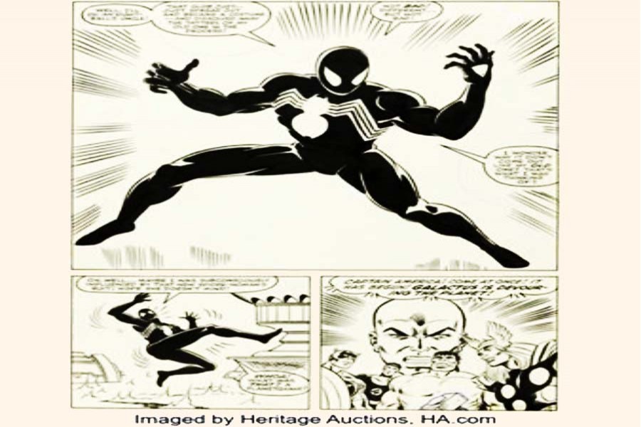 This image provided by Heritage Auctions shows Page 25 from the 1984 Marvel comic Secret Wars No. 8, which tells the origin story of Spider-Man's now-iconic black costume. (Heritage Auctions via AP)