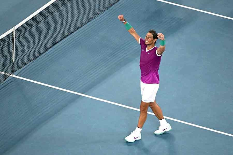 Spain's Rafael Nadal celebrating victory in his semifinal match against Italy's Matteo Berrettini in Melbourne on Friday –Reuters photo