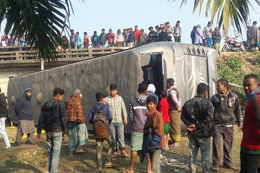 Two die as bus skids off bridge in Dinajpur