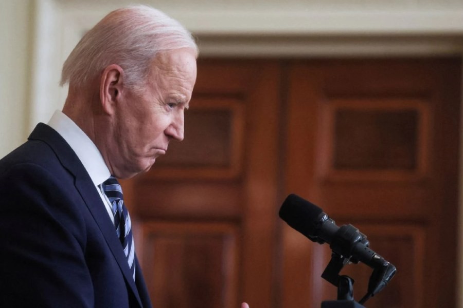 FILE PHOTO: US President Joe Biden delivers remarks on Russia's attack on Ukraine, in the East Room of the White House in Washington, US, February 24, 2022. REUTERS/Leah Millis