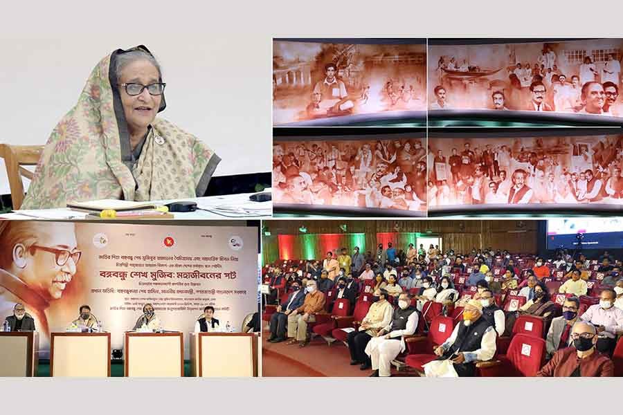 Prime Minister Sheikh Hasina addressing the opening ceremony of a scroll painting on Bangabandhu Sheikh Mujibur Rahman and its exhibition at the National Museum as the chief guest, joining virtually from Ganabhaban –PID Photo