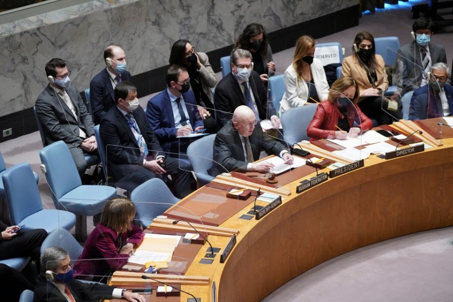 Russia's Ambassador to the United Nations Vassily Nebenzia sits at the U.N. Headquarters as the United Nations Security Council assembles to vote for a rare emergency special session of the 193-member U.N. General Assembly on Russia's invasion of Ukraine, in Manhattan, New York City, U.S. February 27, 2022. REUTERS/David 'Dee' Delgado