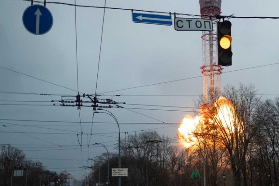 A blast is seen in the TV tower, amid Russia's invasion of Ukraine, in Kiev, Ukraine March 1, 2022. Reuters