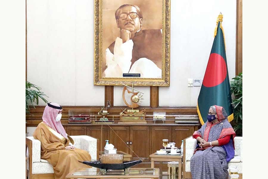 Visiting Saudi Arabia's Foreign Minister Faisal bin Farhan al Saud paying a courtesy call on Prime Minister Sheikh Hasina at Ganabhaban in Dhaka on Wednesday –PID Photo