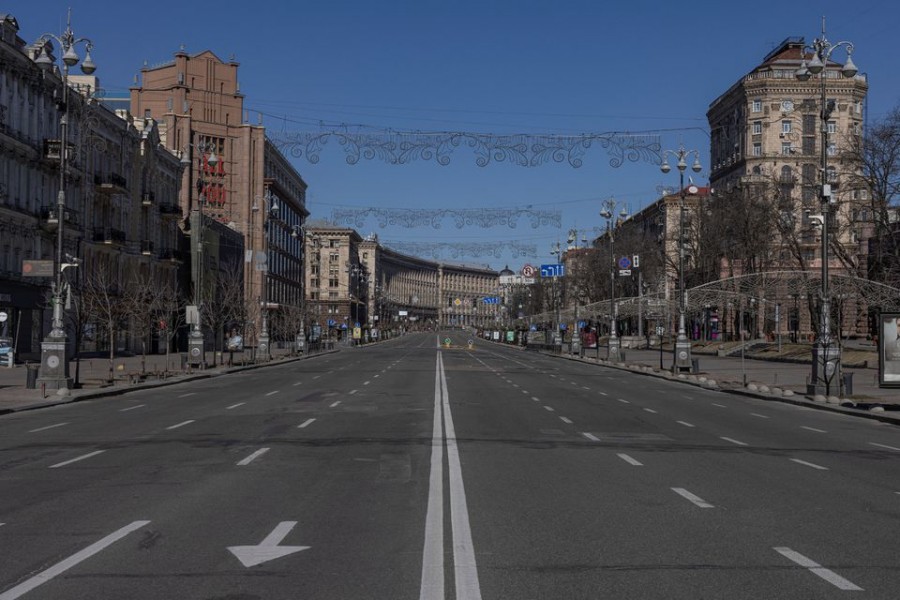 An empty street is pictured during a thirty-five hour curfew, as Russia's invasion on Ukraine continues, in Kyiv, Ukraine March 16, 2022. REUTERS/Marko Djurica