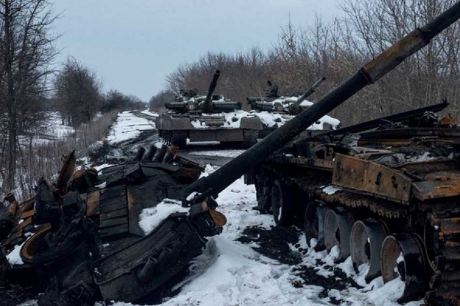 A charred Russian tank and captured tanks are seen, amid Russia's invasion of A Ukraine, in the Sumy region, Ukraine, March 7, 2022. Irina Rybakova/Press service of the Ukrainian Ground Forces/Handout via REUTERS