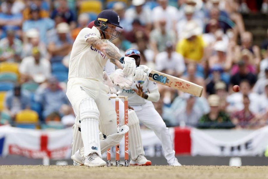 England's Ben Stokes in action as he hits a shot off the bowling West Indies' Veerasammy Permaul at The Kensington Oval, Bridgetown, Barbados on March 17, 2022 — Action Images via REUTERS