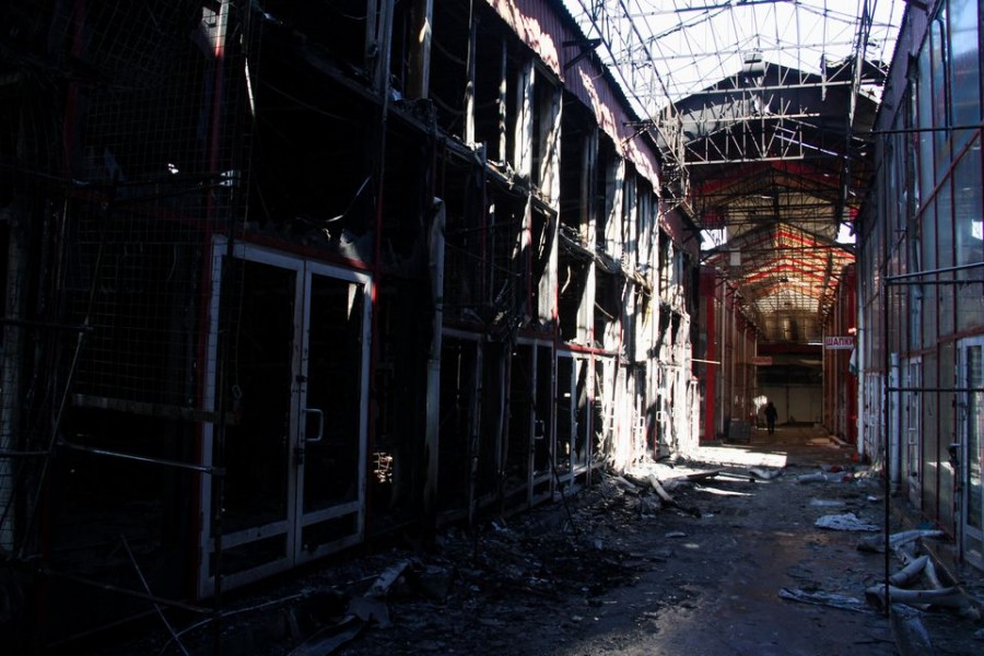 A general view of market Barabashovo after a fire caused by shelling, as Russia's invasion of Ukraine continues, in Kharkiv, Ukraine March 19, 2022. REUTERS/Oleksandr Lapshyn