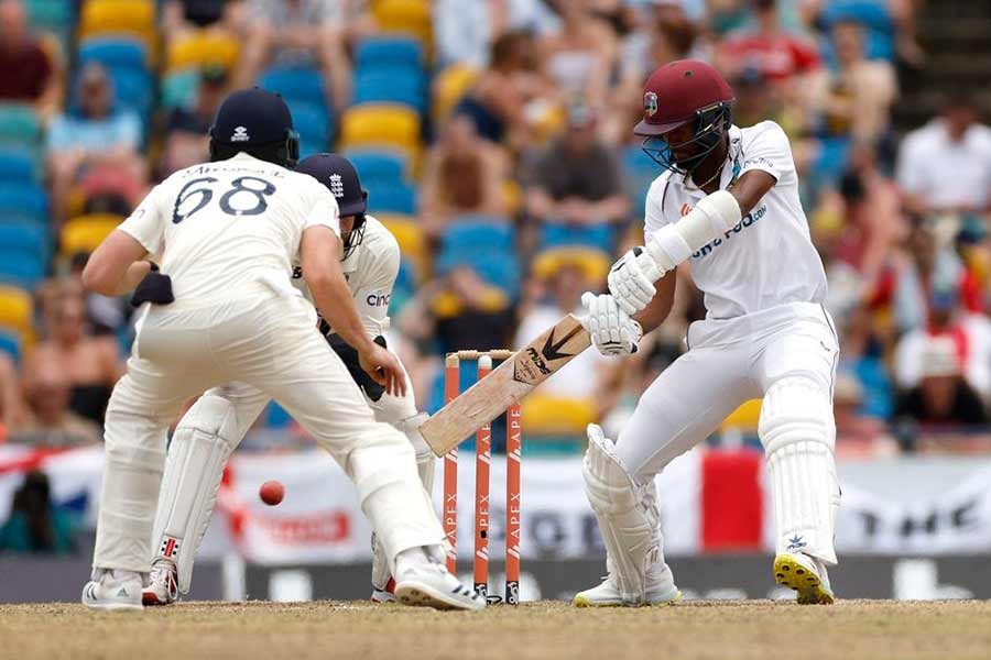 West Indies' Kraigg Brathwaite hitting a shot off the bowling of England's Jack Leach during their second Test in The Kensington Oval in Bridgetown of Barbados on Saturday –Reuters photo