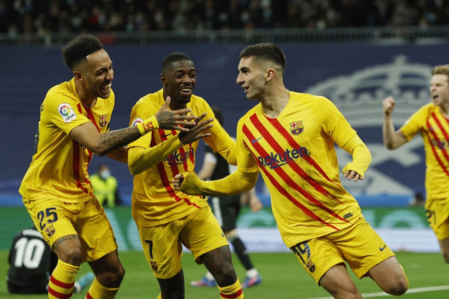 FC Barcelona's Ferran Torres celebrates scoring their third goal in match against Real Madrid at Santiago Bernabeu on Sunday — Reuters photo