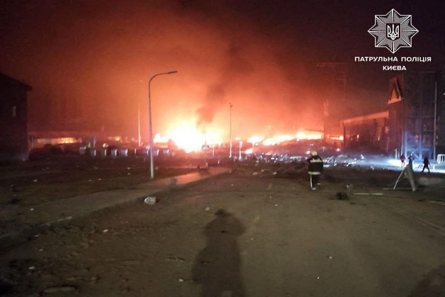 A view shows buildings damaged by an airstrike, as Russia's attack on Ukraine continues, in Kyiv, Ukraine, in this handout picture released March 20, 2022. Press service of the National Police of Ukraine/Handout via REUTERS