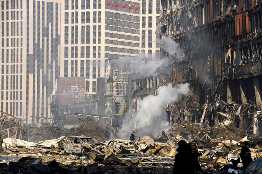 The site of a destroyed shopping centre is seen after it was hit in a military strike in the Podilskyi district of Kyiv in Ukraine on Monday –Reuters photo