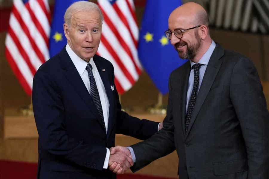 US President Joe Biden and European Council President Charles Michel shaking hands during a European Union leaders summit in Brussels on Thursday –Reuters photo