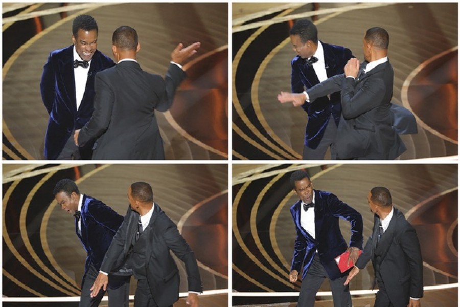 Combination picture showing Will Smith hitting Chris Rock as Rock spoke on stage during the 94th Academy Awards in Hollywood, Los Angeles, California, US, Mar 27, 2022 -- Reuters/Files