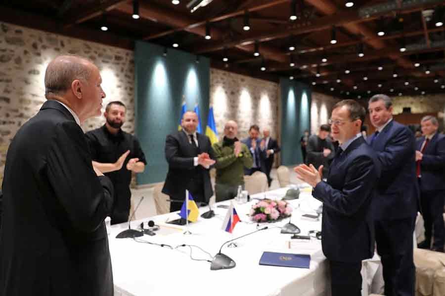 Turkish President Tayyip Erdogan greeting Russian and Ukrainian negotiators before addressing them, ahead of their face-to-face talks in Istanbul, on Tuesday –Reuters photo