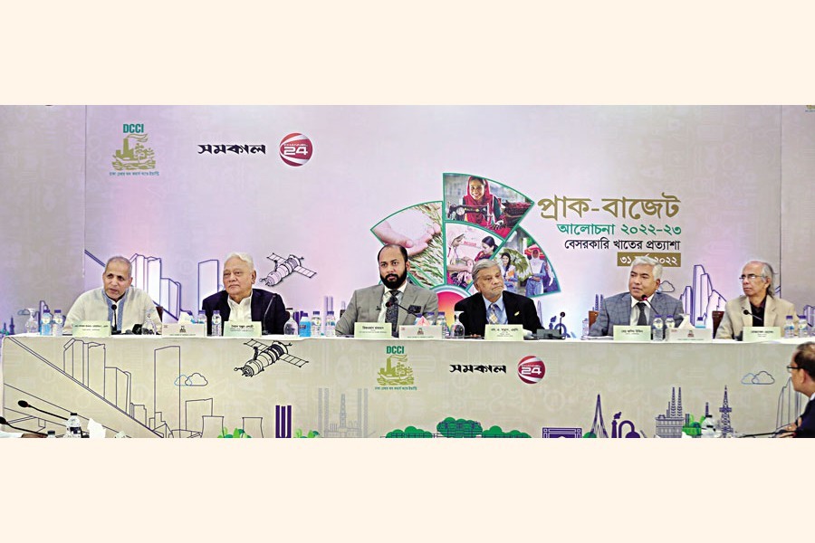 Dhaka Chamber of Commerce and Industry (DCCI), the Daily Samakal and Channel 24 hold 'Pre-budget discussion from the private sector perspective' at Bangabandhu International Conference Centre (BICC) in the capital on Thursday. From left are former president of FBCCI Md Shafiul Islam Mohiuddin, MP, former adviser of caretaker government Syed Manzur Elahi, DCCI President Rizwan Rahman, Planning Minister MA Mannan, FBCCI President Md Jashim Uddin and Acting Editor of Daily Samakal Mozammel Hossain