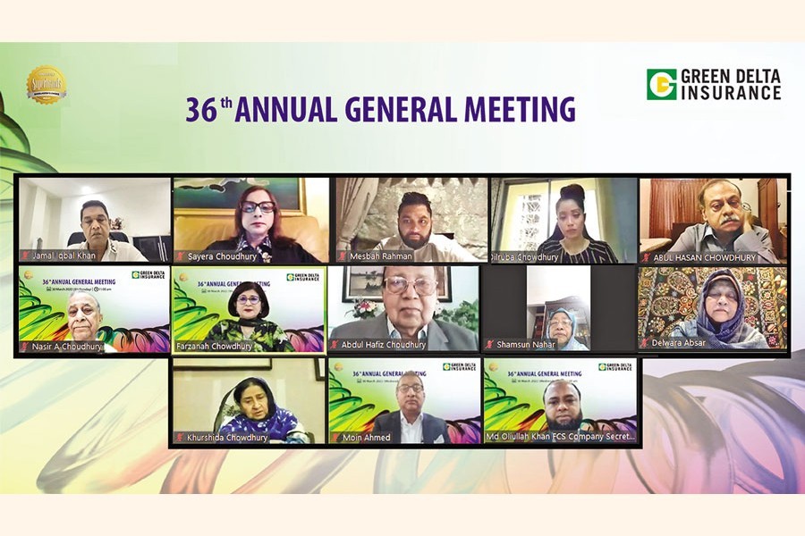 The 36th Annual General Meeting of Green Delta Insurance Company Limited was held virtually on Wednesday, with Abdul Hafiz Chowdhury, Chairman of the company, in the chair. Farzanah Chowdhury, Chartered Insurer, MD & CEO, and Nasir A Choudhury, Advisor and Founding Managing Director, seen among others